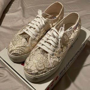 Size 41.5 Superga gold macramé sneakers
